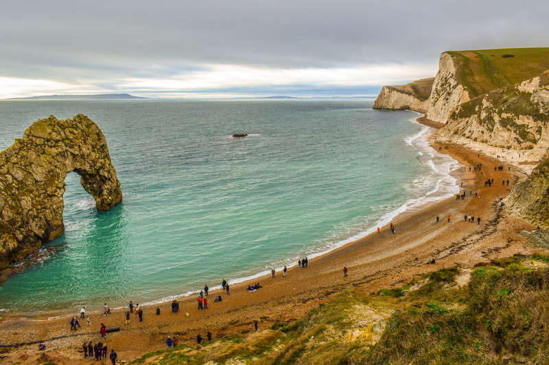 beach, stack rock, ocean, horizon over water, united kingdom, rock, rock - object, land, arch, scenic, rock formation, cloud - sky, coastal, tranquil scene