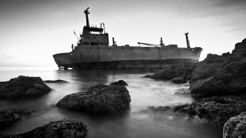 beach, photo, outdoors, land, grayscale, day, motion, mode of transportation, 2K, sky, beside, cloud - sky, sea, isles, ship, no people, nature, water