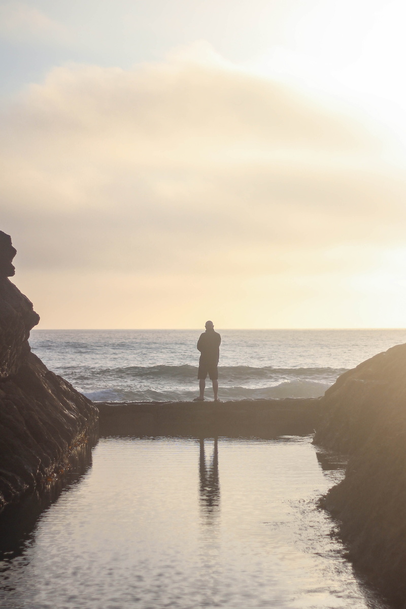 tranquil scene, man, landscape, portrait, sky, sea, bude, silhouette, looking, united kingdom, coast, water, standing, leisure activity, beige, pool, horizon over water