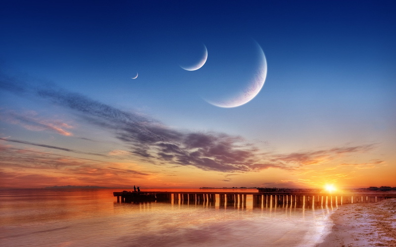 idyllic, astronomy, horizon over water, cloud - sky, tranquil scene, full moon, horizon, sea, sunset pier beach sky water sea coast clouds, outdoors, beach