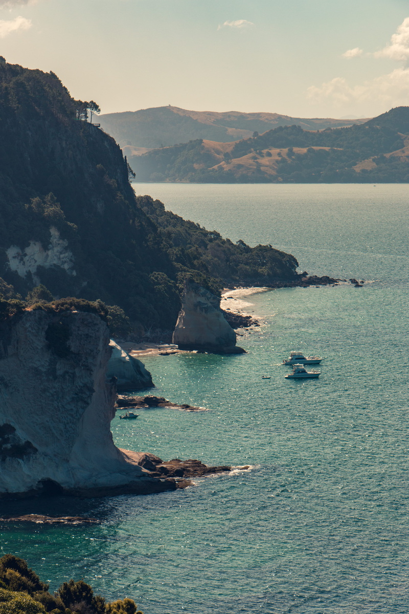 boats, tranquil scene, chilling, 5K, te whanganui-a-hei marine reserve, rock, solid, day, formation, land, nature, water, no people, tranquility, sky