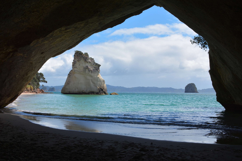 scenics - nature, coast, rock, nature, 4K, cloud - sky, by the sea, beauty in nature, beach, arch, sky, wave, view, day, tranquil scene, cave, new zealand