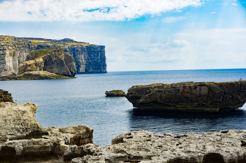 scenics - nature, bright, sea, malta, blue, land, dwejra bay, nature, sunny, beauty in nature, idyllic, sky, rocks, shoreline, coast, outdoors, rock formation
