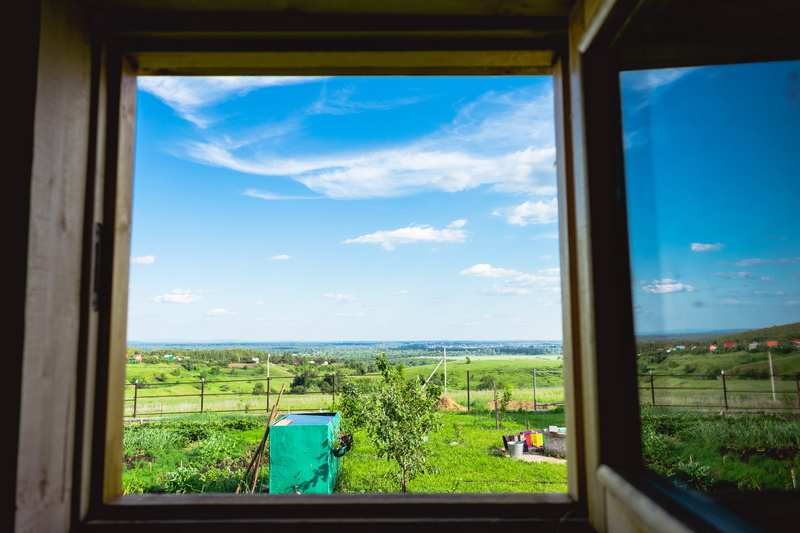 picture window, nature, land, transportation, azure sky, balcony, environment, garden, field, vegetation, scenics - nature, green color, house, chair, sky
