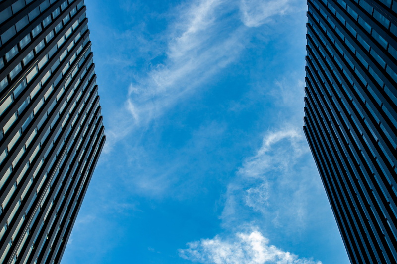 sky, steel, office building exterior, buildings, steeple, city, blue, condo, urban, business, low angle view, modern, office building, directly below, office