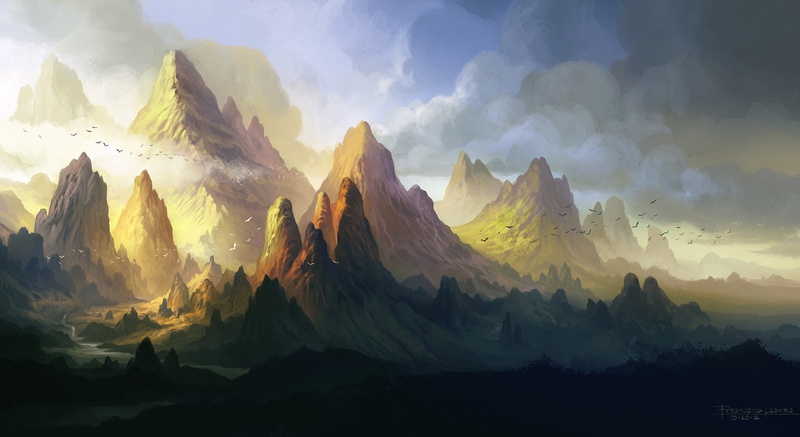 ferdinand ladera, valley, mountains, art, clouds, ridge, birds, river, 1080P