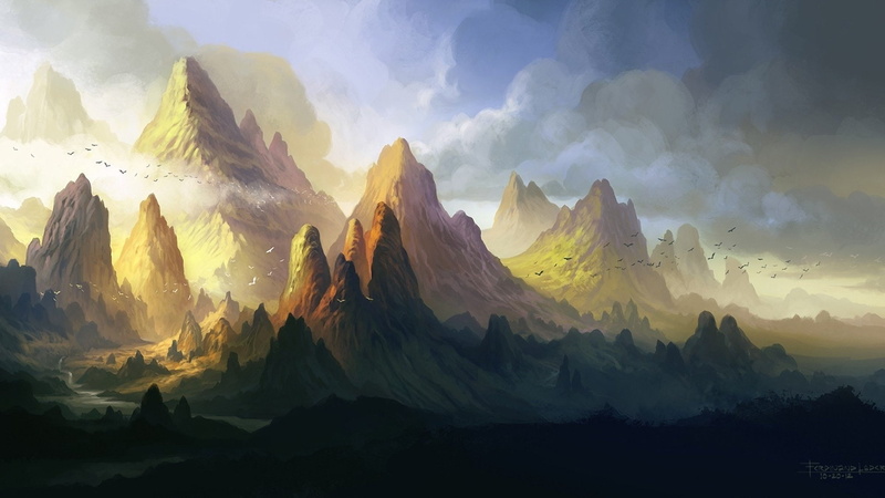 mountains, Ladera, birds, Valley, clouds, river, 1080P, Range, Ferdinand, art