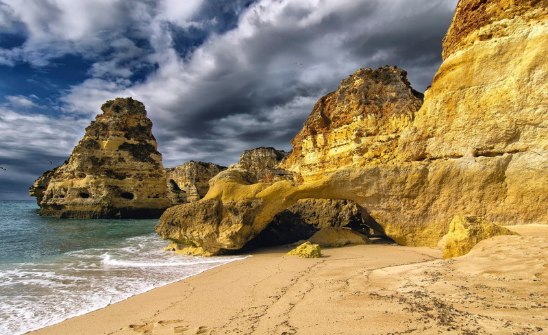 idyllic, Europe, marinha, beige, formation, tranquility, cloud - sky, rock, water, sand, rock - object, 1080P, Portugal, beauty in nature, rock formation