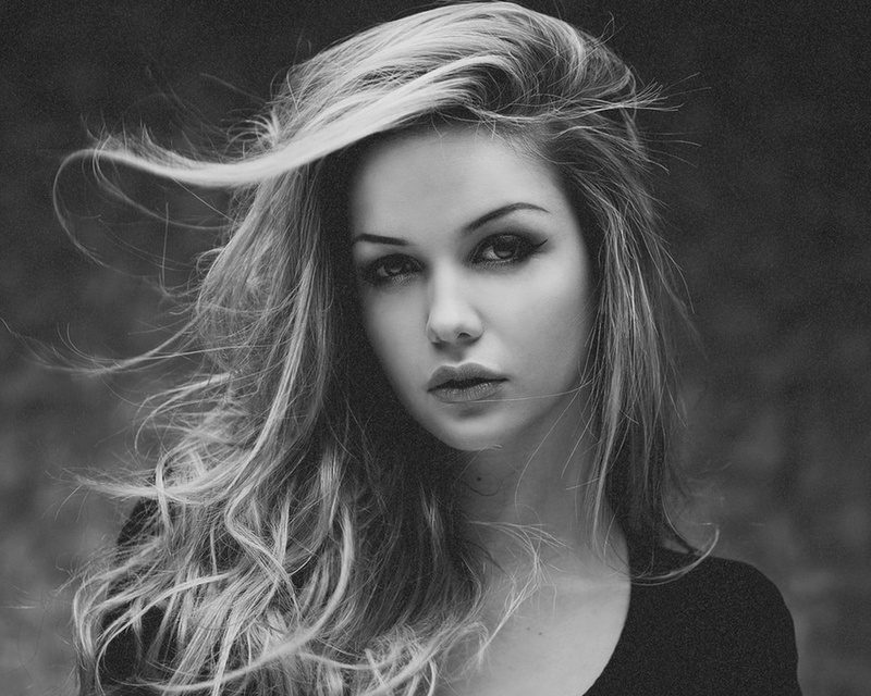 headshot, looking at camera, top, contemplation, grayscale, front view, black, blond hair, beautiful woman, woman, women, hair, 720P, photography, hairstyle