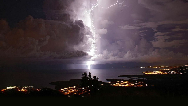 power, awe, power in nature, no people, dramatic sky, nature landscape lightning storm night lake city lights clouds venezuela, architecture, scenics - nature