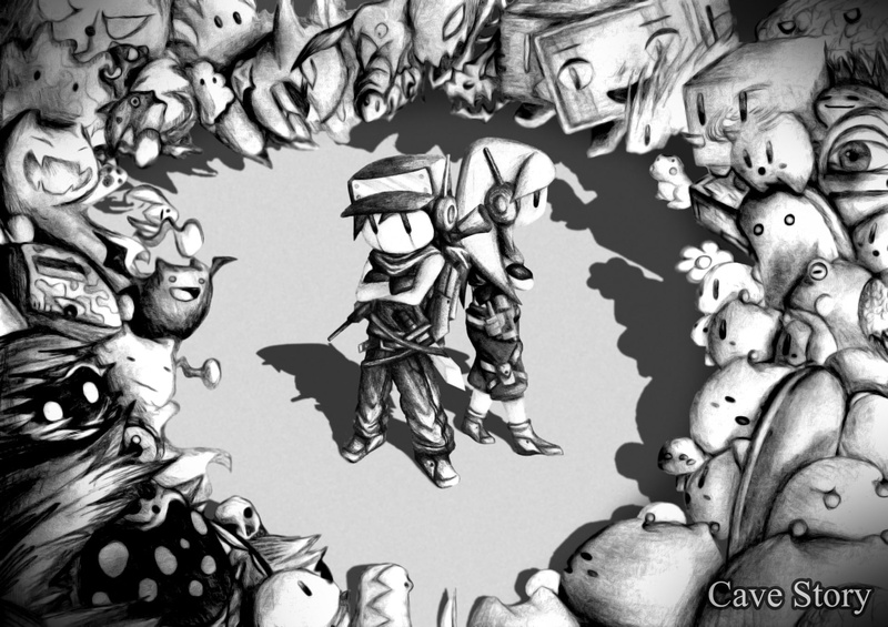 Cave Story, Balrog (Cave Story), Quote (Cave Story), 1080P, Black and White, Video Game, Curly Brace