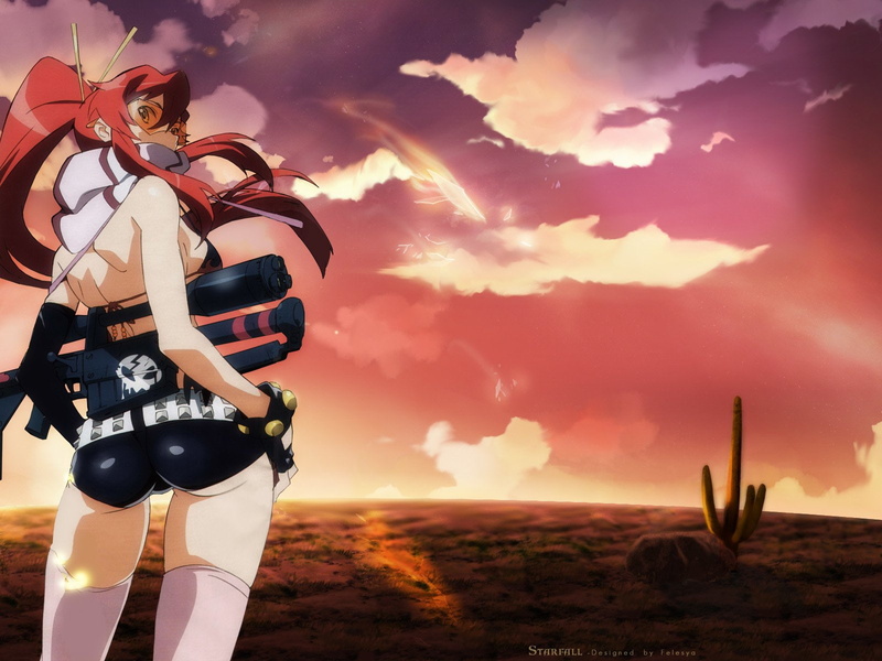Shorts, Cactus, Sky, Cloud, Bikini, Weapon, Long Hair, Gun, Anime, Scarf, Red Hair, Sniper Rifle, Tengen Toppa Gurren Lagann, Sunset, Glasses, 720P, Thigh Highs