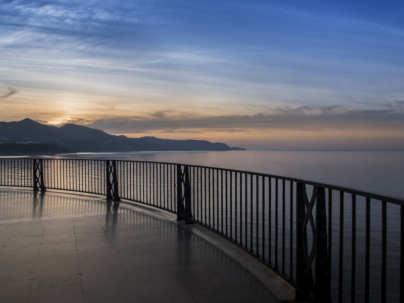 beach, tranquility, no people, 4K, non-urban scene, idyllic, serenity, mountain range, nerja, beauty in nature, orange color, scenics - nature, dawn, railing