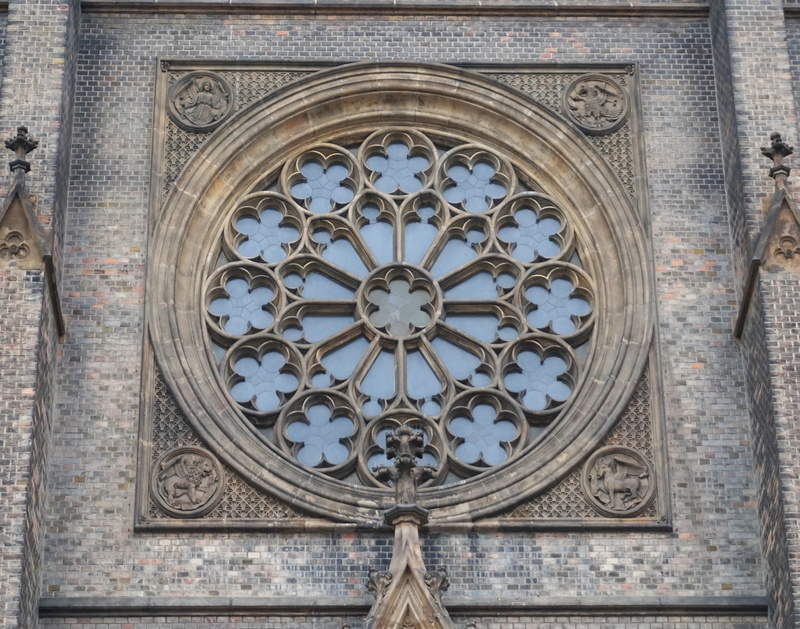 art and craft, architecture, clock face, spirituality, window, pattern, shape, art, circle, church, design, ancient, building, czechia, low angle view