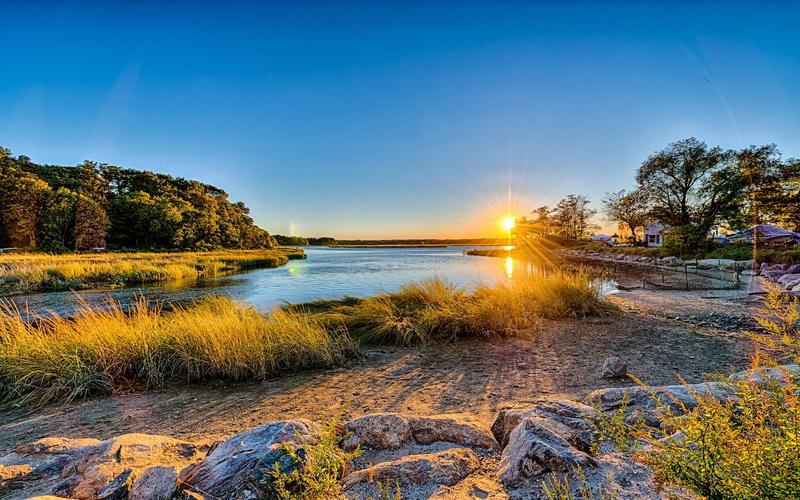 York, House, Long, River, 2K, Grass, New, Island, USA, Trees, Sunset