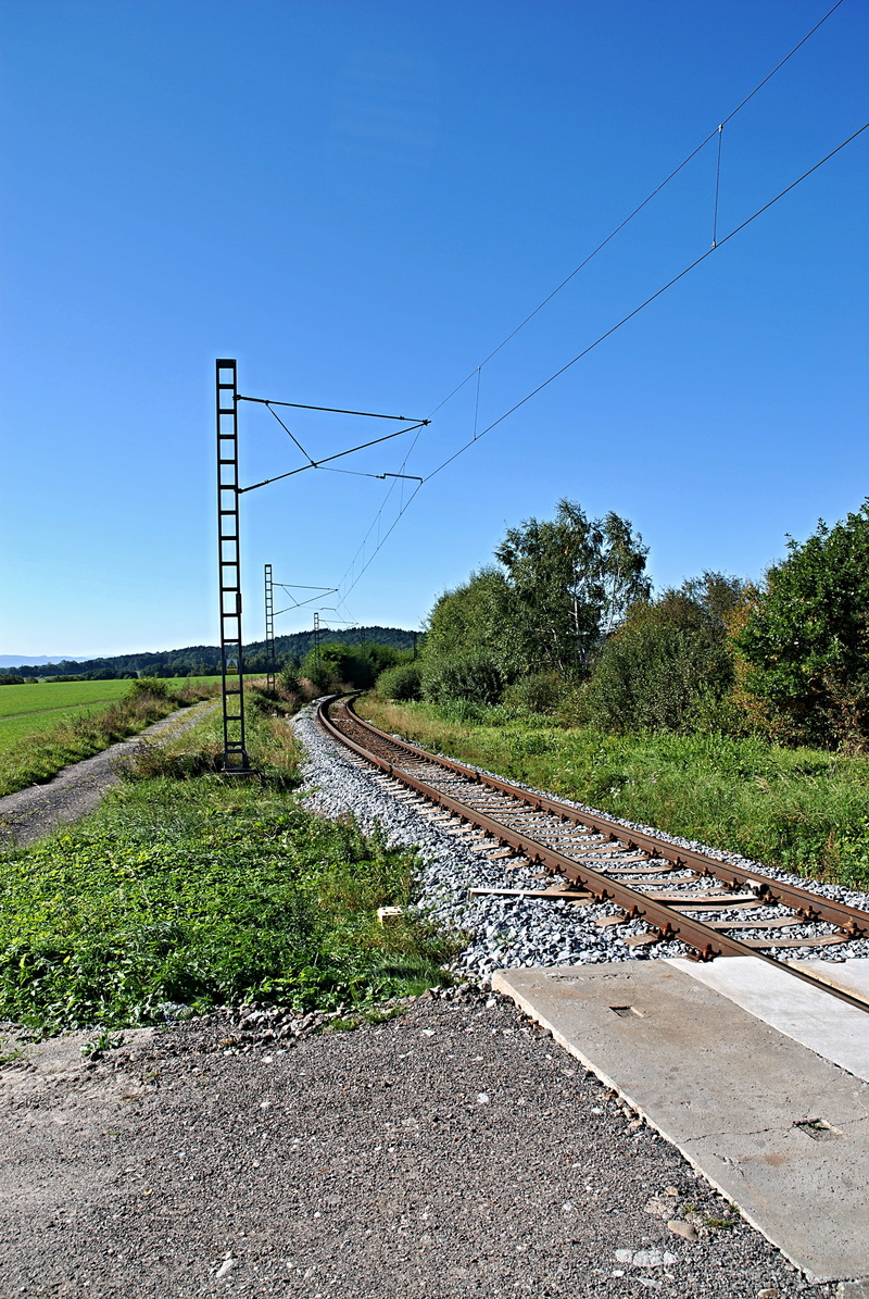 Railway, transportation, direction, power line, technology, Train Crossing, tree, the way forward, connection, railroad track, ties, gravel, road, power supply