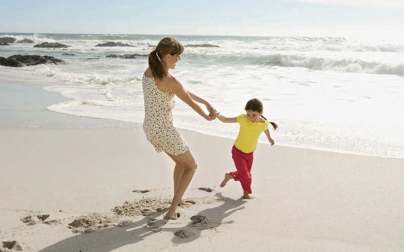 travel Destinations, dress, positive Emotion, parent, nature, family with One Child, summer, mother, sea, mom, single Mother, holding Hands, beautiful People