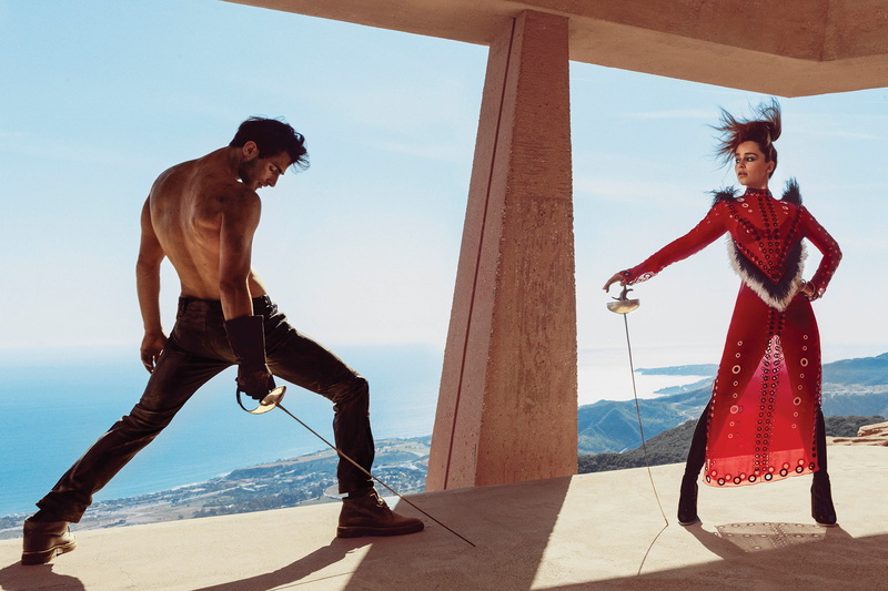 coast, hairstyle, sea, 1080P, in red, landscape, swords, Emilia Clarke, actress, duel, fencing, outfit, model, male, Harpers Bazaar, Norman Jean Roy