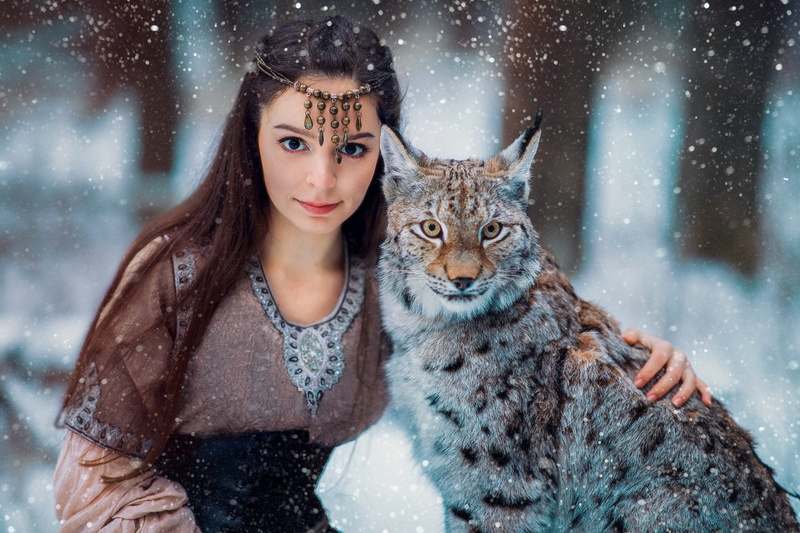 1080P, dark eyes, snow, winter, animals, women, outdoors, Lux (Animal), snowflakes, big cats, long hair, model, yellow eyes, fantasy girl, mammals, women