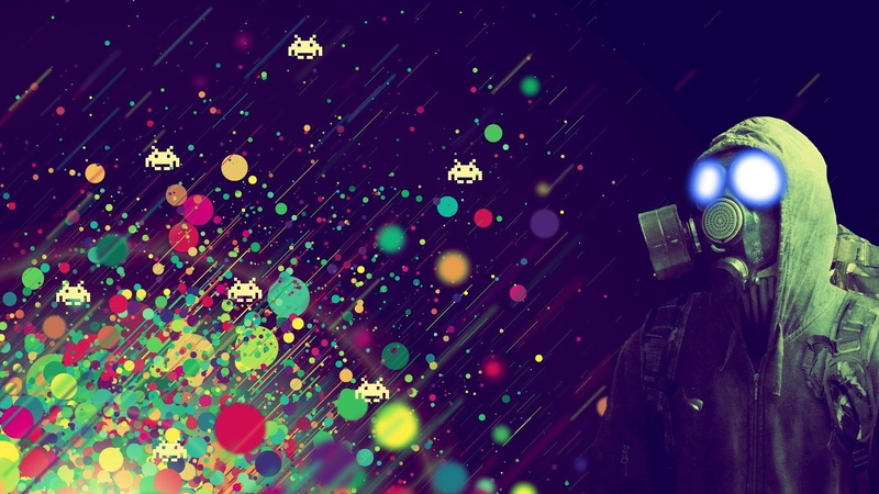 artwork, 1080P, gas masks, video games, humor, Space Invaders