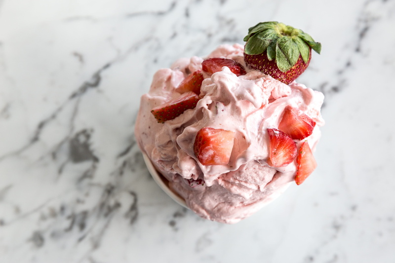 food photography, serving size, strawberry, meat, close-up, table, cold, wellbeing, cream, pork, indulgence, ice cream, berry, chopped, ready-to-eat, food