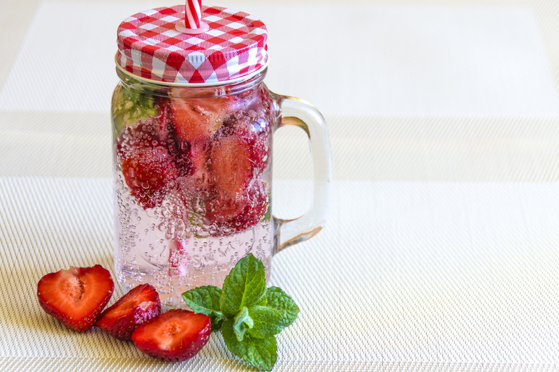 strawberry, water, antique, container, food, ripe, glass, jar, eating, 4K, wellbeing, clear, mint, leaf, top, fruit, sweet, breakfast, natural, fresh