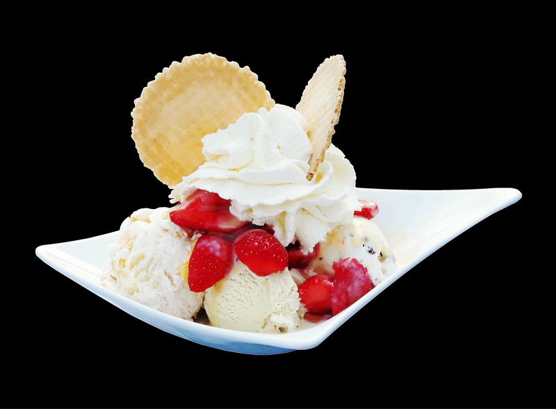 strawberry, vanilla, vanilla ice cream, indulgence, black background, sweet, sweet food, waffle, 2K, ready-to-eat, dairy product, cream, strawberry cup