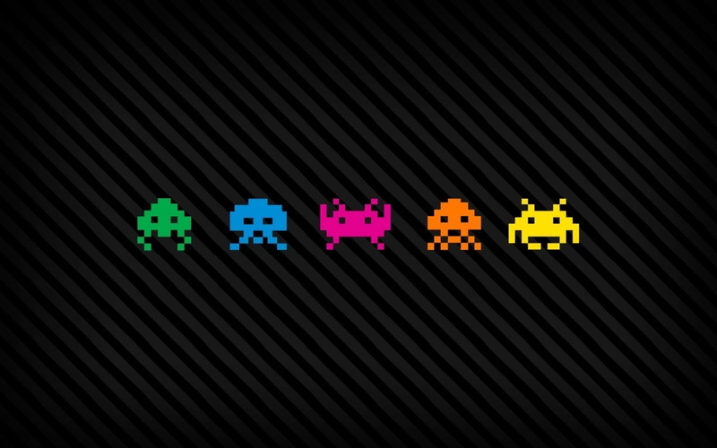 close-up, pixels pixel art digital art video games space invaders vintage aliens colorful lines black background, multi colored, indoors, opportunity, connection