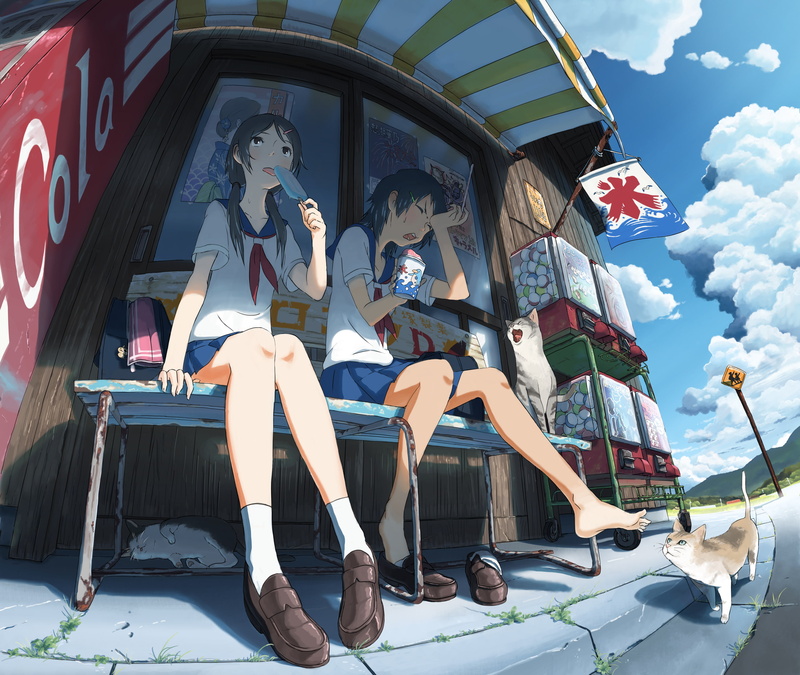 cat, clouds, original, seifuku, popsicle, coca, inoki, 2girls, 2K, cola, animal, tagme