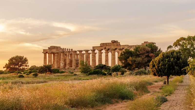 ruins, architecture, ancient, architectural column, ancient civilization, tree, built structure, sky, temple, italy, building exterior, grass, cloud, estate