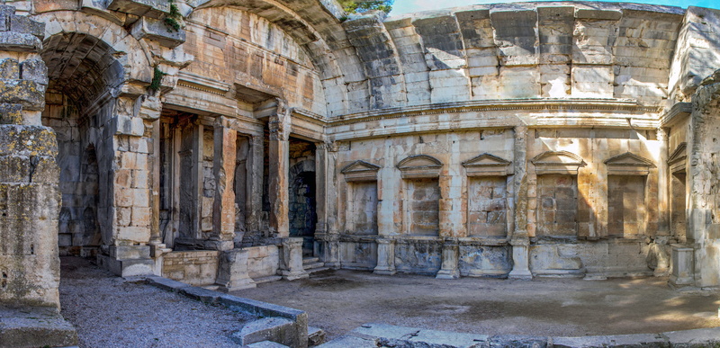 religion, architecture, roman, ruined, ancient history, garden of the fountain, belief, outdoors, place of worship, damaged, 8K, building exterior, old ruin