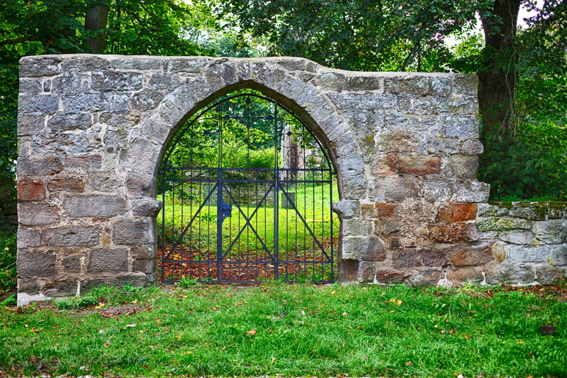 day, metal, green color, goal, ruin, monastery ruins, landscape, gate, grass, tree, built structure, building exterior, architecture, nature, surrounded