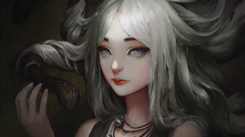 Medusa, white eye, snake, 1080P, Greek mythology, white hair