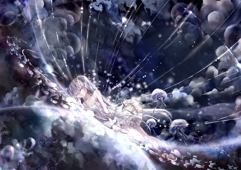 twintails, full frame, white dress, anime girls, 480P, underwater, glass - material, marine, no people, selective focus, Medusa, anime, water, complexity