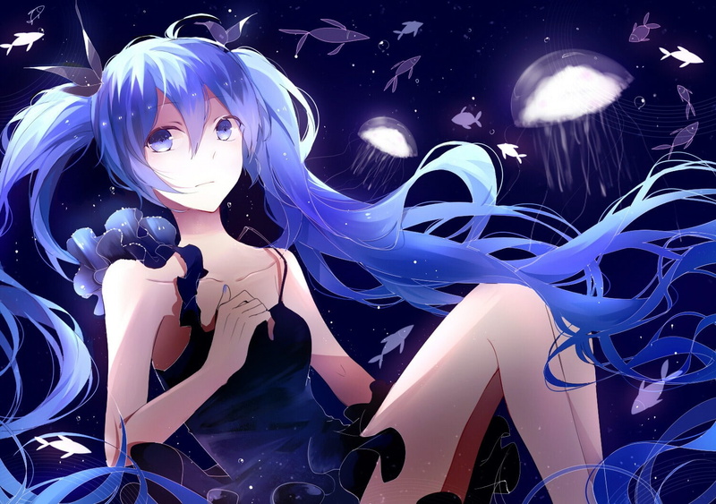 night, purple, black dress, multi colored, Vocaloid, indoors, fish, no people, Medusa, representation, nature, sculpture, light - natural phenomenon, Hatsune Miku