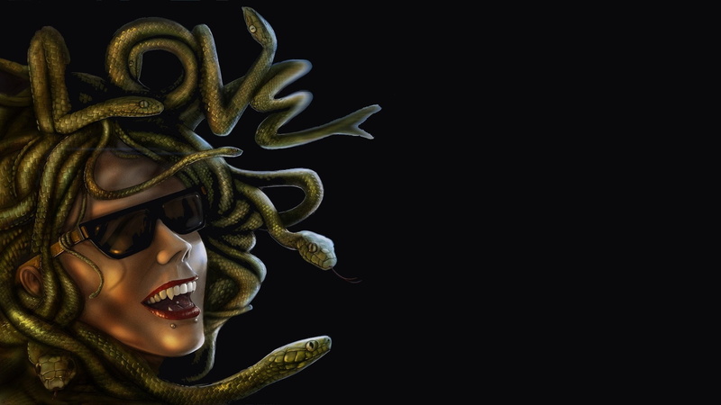 Medusa, studio shot, cut out, indoors, art and craft, headshot, pattern, close-up, mask, women, 1080P, black background, copy space, female likeness, one person