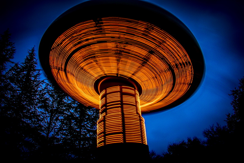 arts culture and entertainment, dusk, nature, outdoors, machine, circle, shape, lighting, twilight, gilroy gardens, building, sky, no people, amusement park