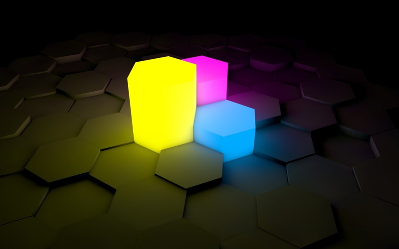 high angle view, hex, no people, yellow, still life, cube shape, close-up, indoors, blue, hexagon, shape, pattern, repetition, glowing, geometric shape