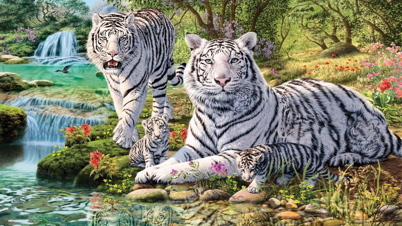tigers, white tiger, cubs, waterfall, jungle, 1080P, art