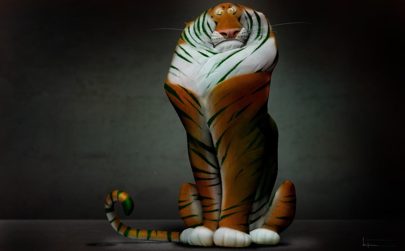 720P, indoors, brown, white, still life, representation, tiger, table, front view, craft, human representation, black background, wall - building feature