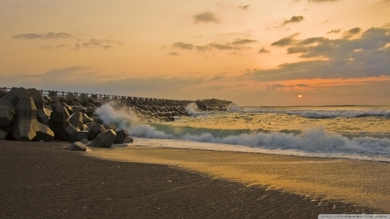 stones, sunset, beach, nature and landscapes, breaker, stone, waves, 1080P