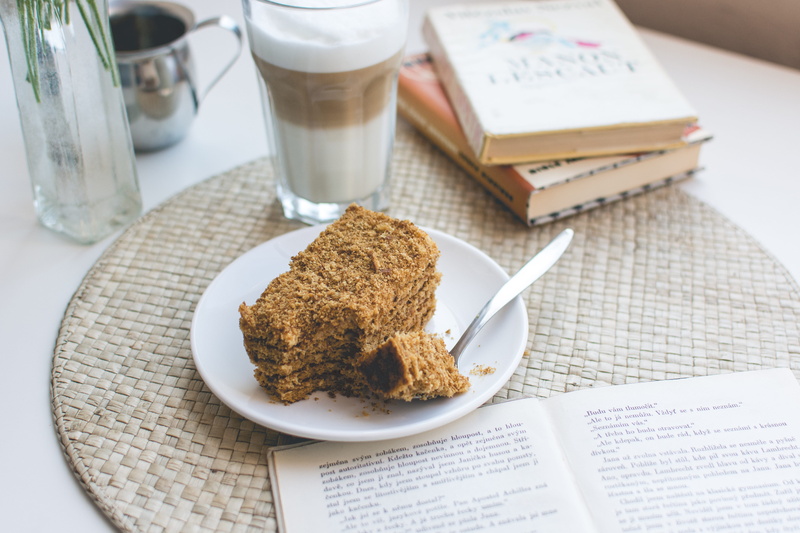 caffe latte, high angle view, no people, food, cake, marlenka, newspaper, milk, honey, latte, treat, glass, close-up, relax, healthy eating, table, plate