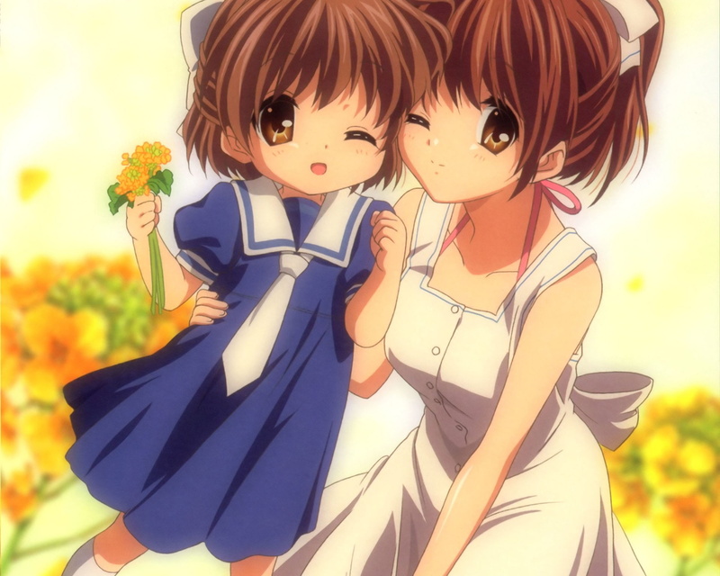 females, leisure activity, Ushio Okazaki, portrait, childhood, women, 1080P, smiling, outdoors, child, waist up, nature, Anime, people, Clannad, real people