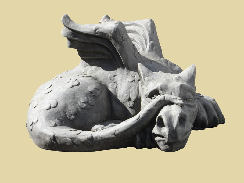 rock carving, mythical creatures, isolated, male likeness, fire, yellow, scale, architecture, history, cheerful, casual, jealous, sculpture, blink, crouch