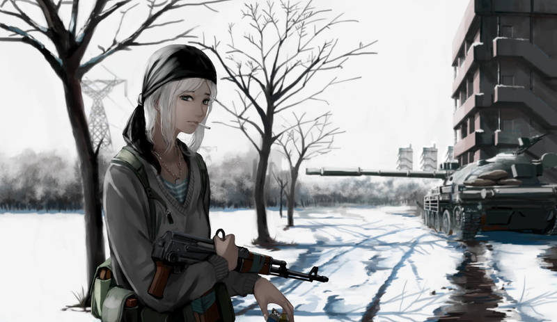 1080P, holding, mode of transportation, real people, tree, assault rifle, rifle, AK 47, cold temperature, winter, weapon, day, war, girl, blonde, snow