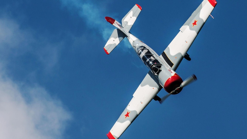 yak-52 training, blue, grey, plane, red, yak, sky, 1080P, aircraft, airplane, white, training