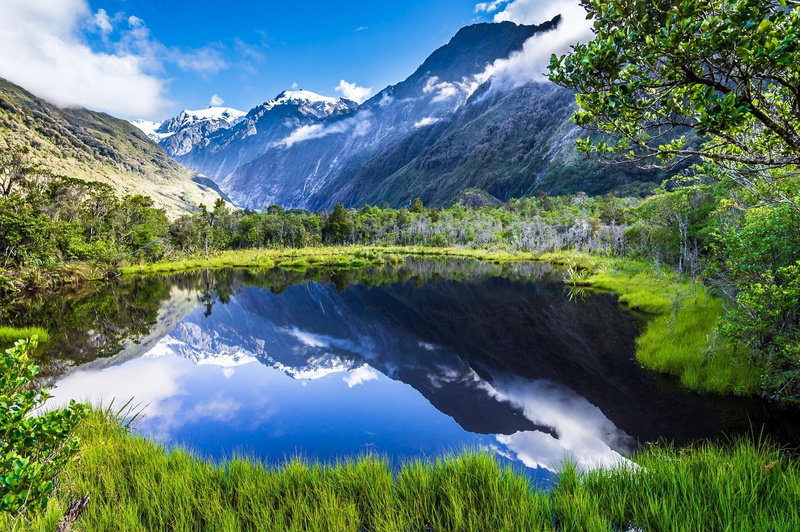 snowy peak, beauty in nature, landscape, summer, grass, 720P, mountain range, clouds, lake, idyllic, scenics - nature, sky, water, New Zealand, forest
