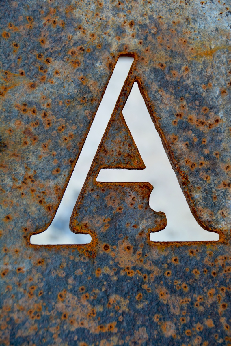 blue, letter, metal, plate, weathered, typescript, white color, icon, letter a, abandoned, print, outdoors, day, wall - building feature, font, text, handmade