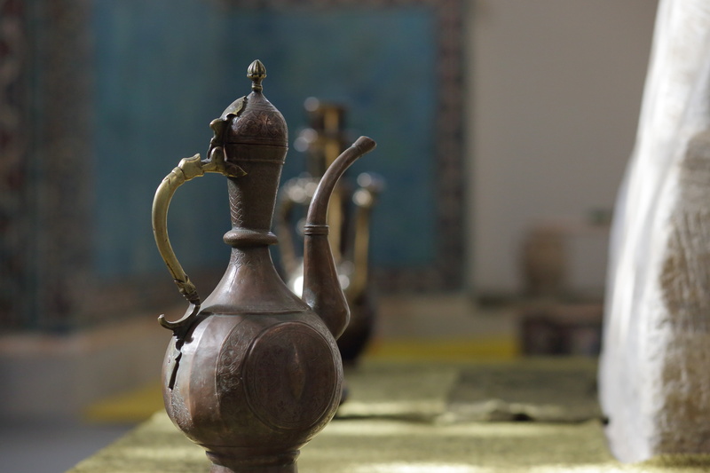 jug for washing, pitcher - jug, focus on foreground, traditions, cultures, the past, 5K, copper jug, metal embossing, metal, sunlight, close-up, antique