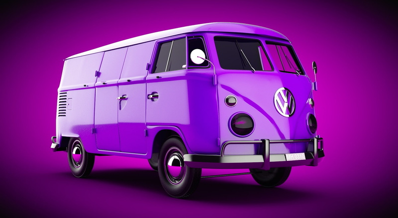 illuminated, wheel, car, retro styled, transportation, land vehicle, studio shot, full length, 1080P, c4d, Artistic, 3D, magenta, bulli, no people, small